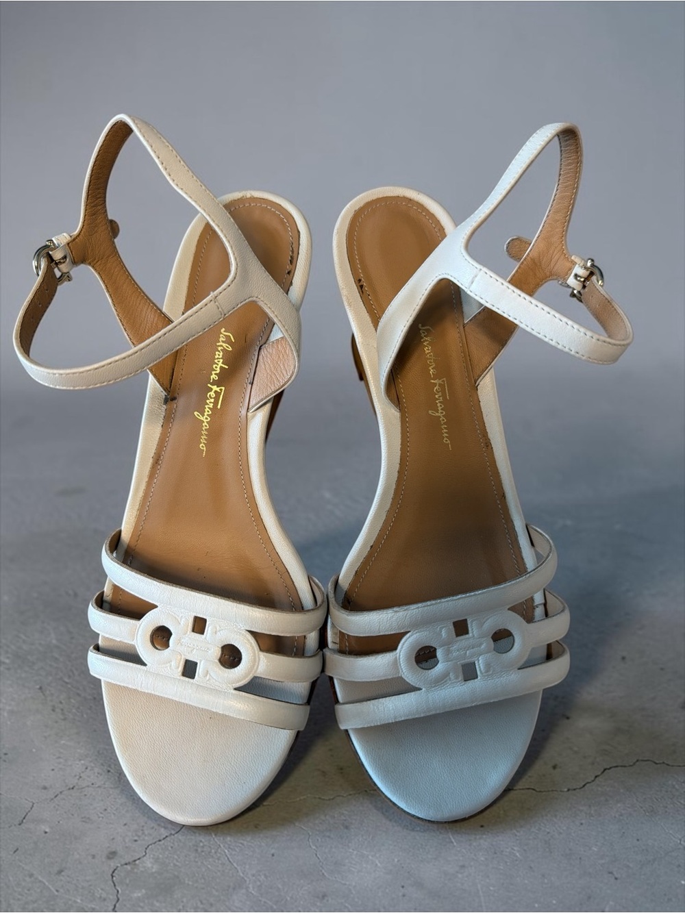 Salvatore Ferragamo White Leather Gancini Cork Wedge Sandals Made in Italy